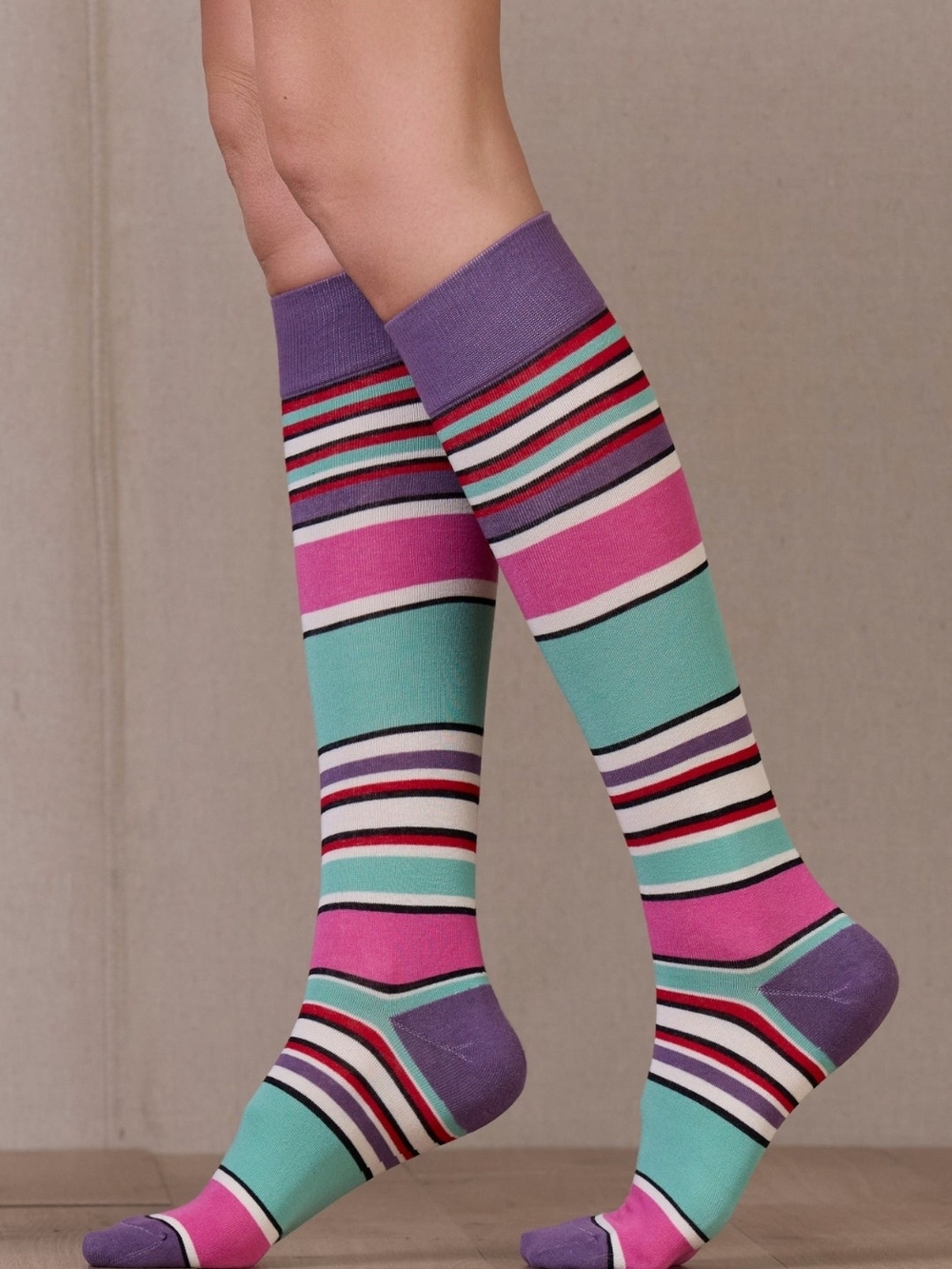 Double D Ranch Striped Knee-High Socks in Purple, Pink & Aqua